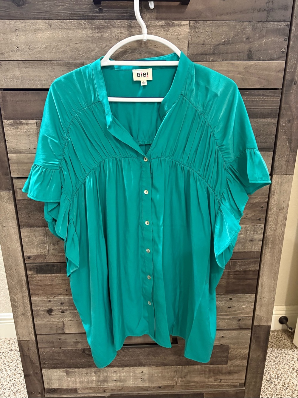 BiBi Teal Button-Front Ruffle Sleeve Tunic size L
